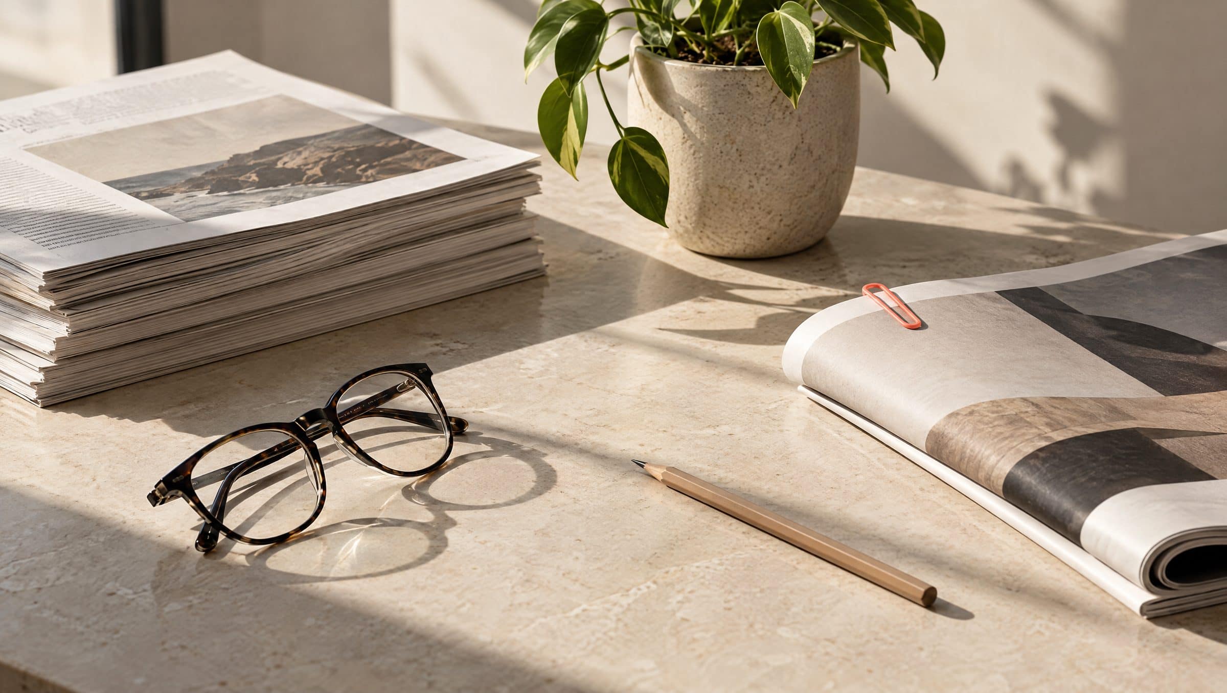 Mesa de lectura con artículos impresos, una revista, gafas y un lápiz