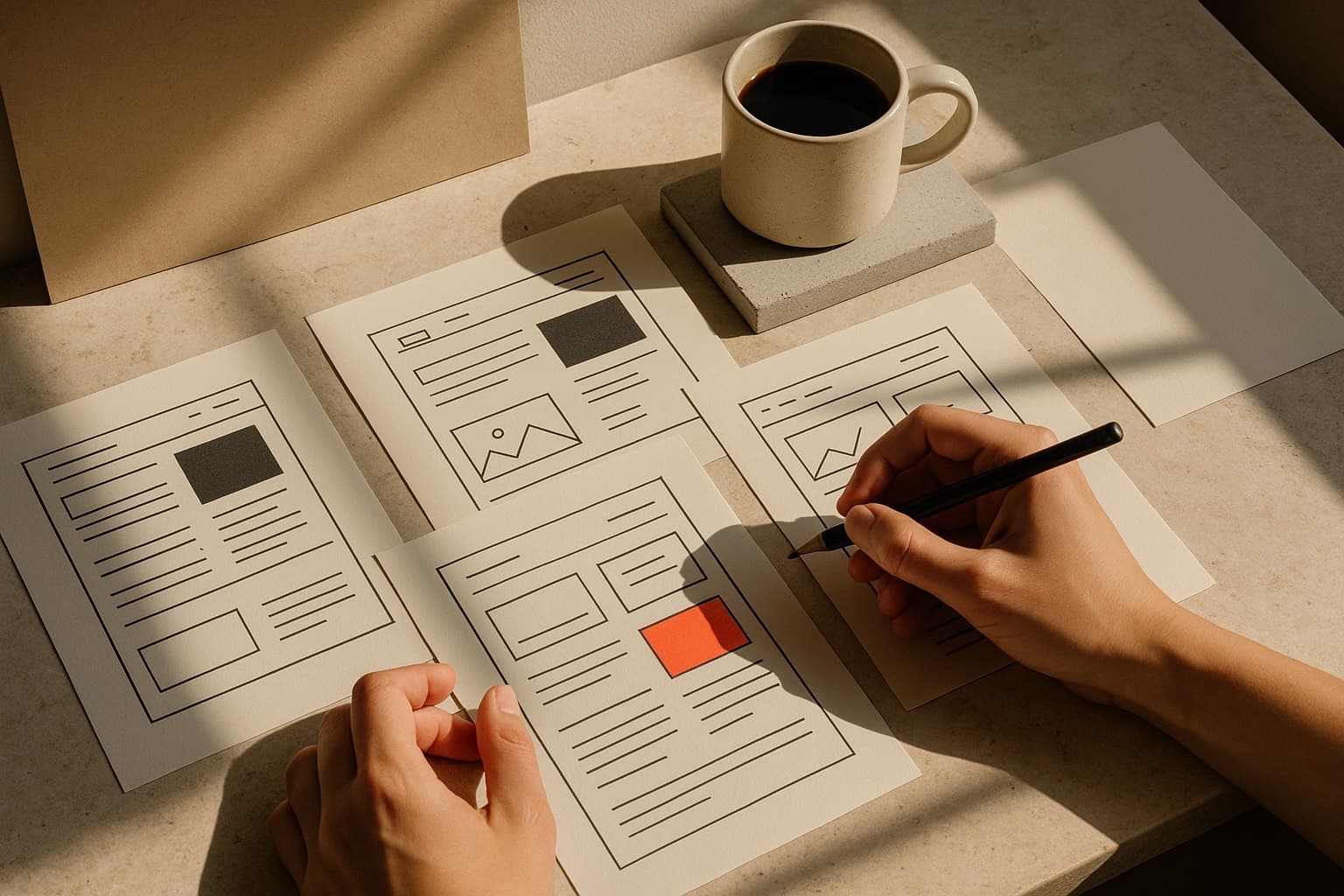 Manos anotando con lápiz sobre bocetos de diseño impresos, en una mesa de trabajo