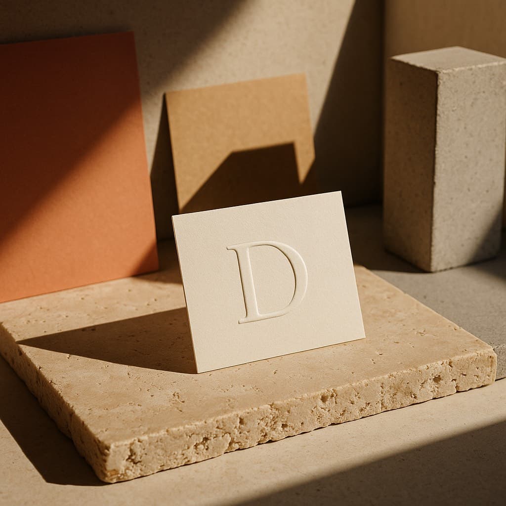 Tarjeta de papel grueso con una letra estampada en relieve seco