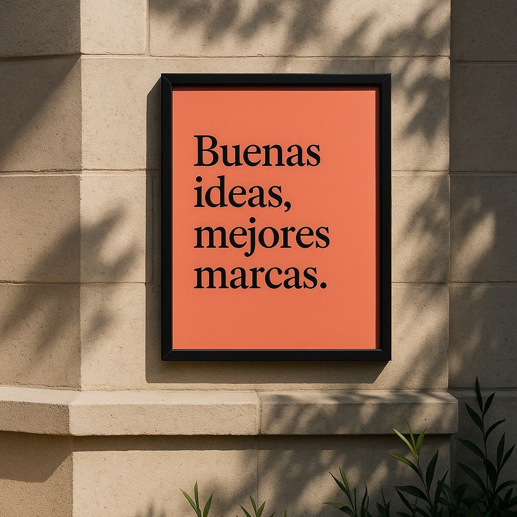 Cartel publicitario de fondo coral colgado en una fachada de piedra